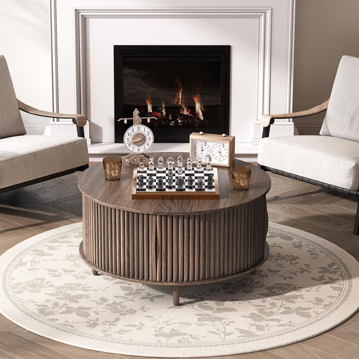 Round Coffee Table with Storage,Fluted Center Table with Sliding Cabinet Door for Living Room,Home Small Space,31.5" Small Center Table,Walnut