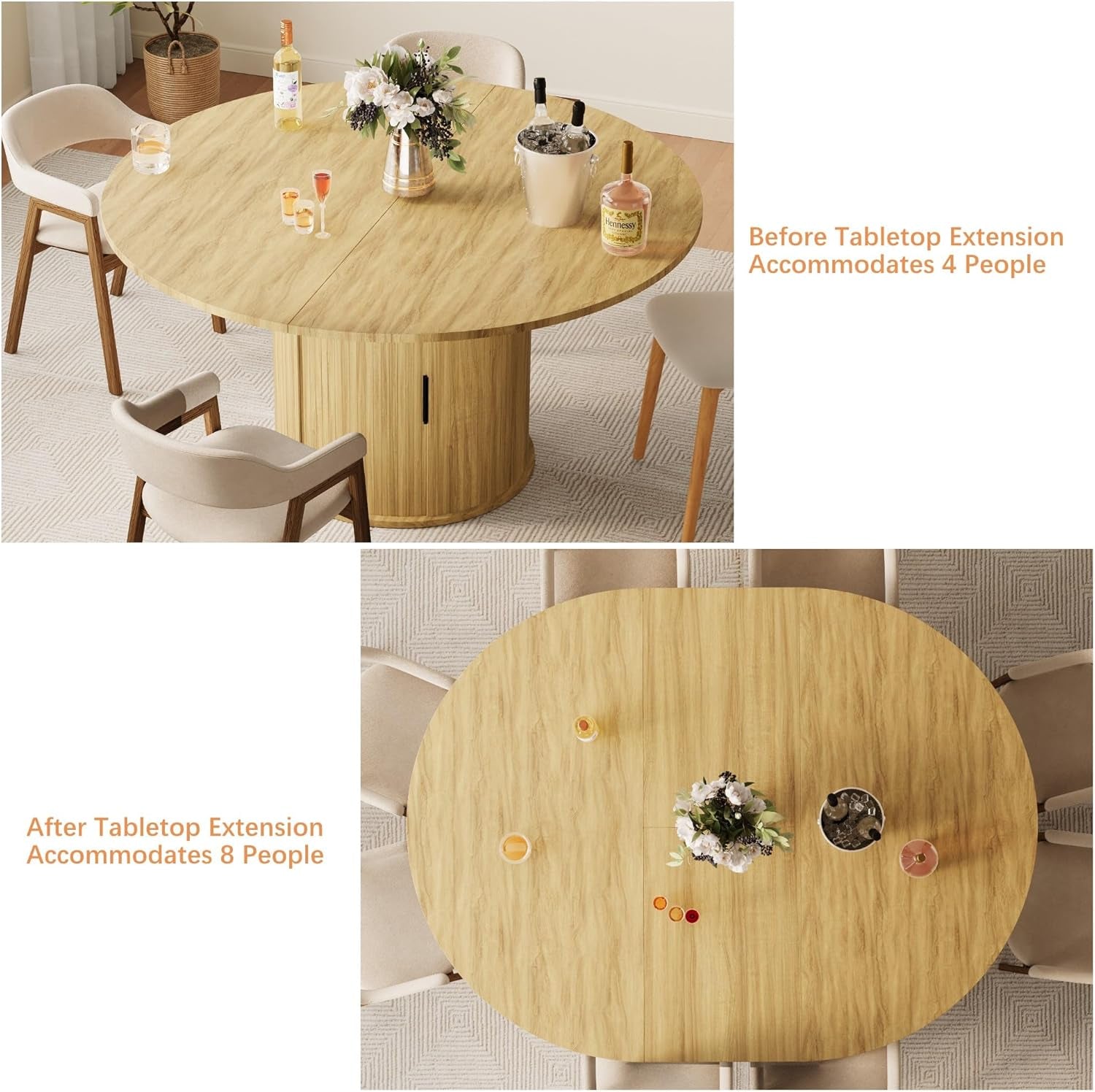 Extendable round Dining Table for 4-6-8, 59 Inch Dining Room Kitchen Table with 2-Tier Storage Shelf, Modern Farmhouse Fluted Wood Slide Door Dinner Furniture,Oval Circle,Oak