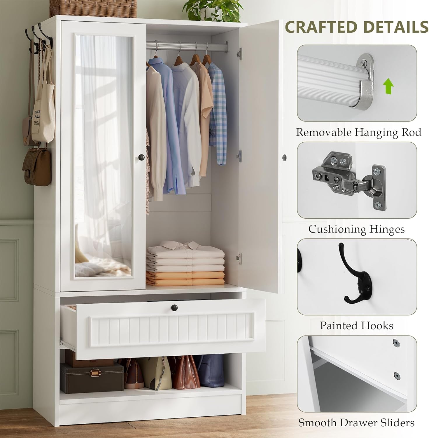 Wood Armoire Wardrobe Closet with Mirror Door and Drawer, 2 Doors Bedroom Storage Cabinet for Hanging Clothes, White