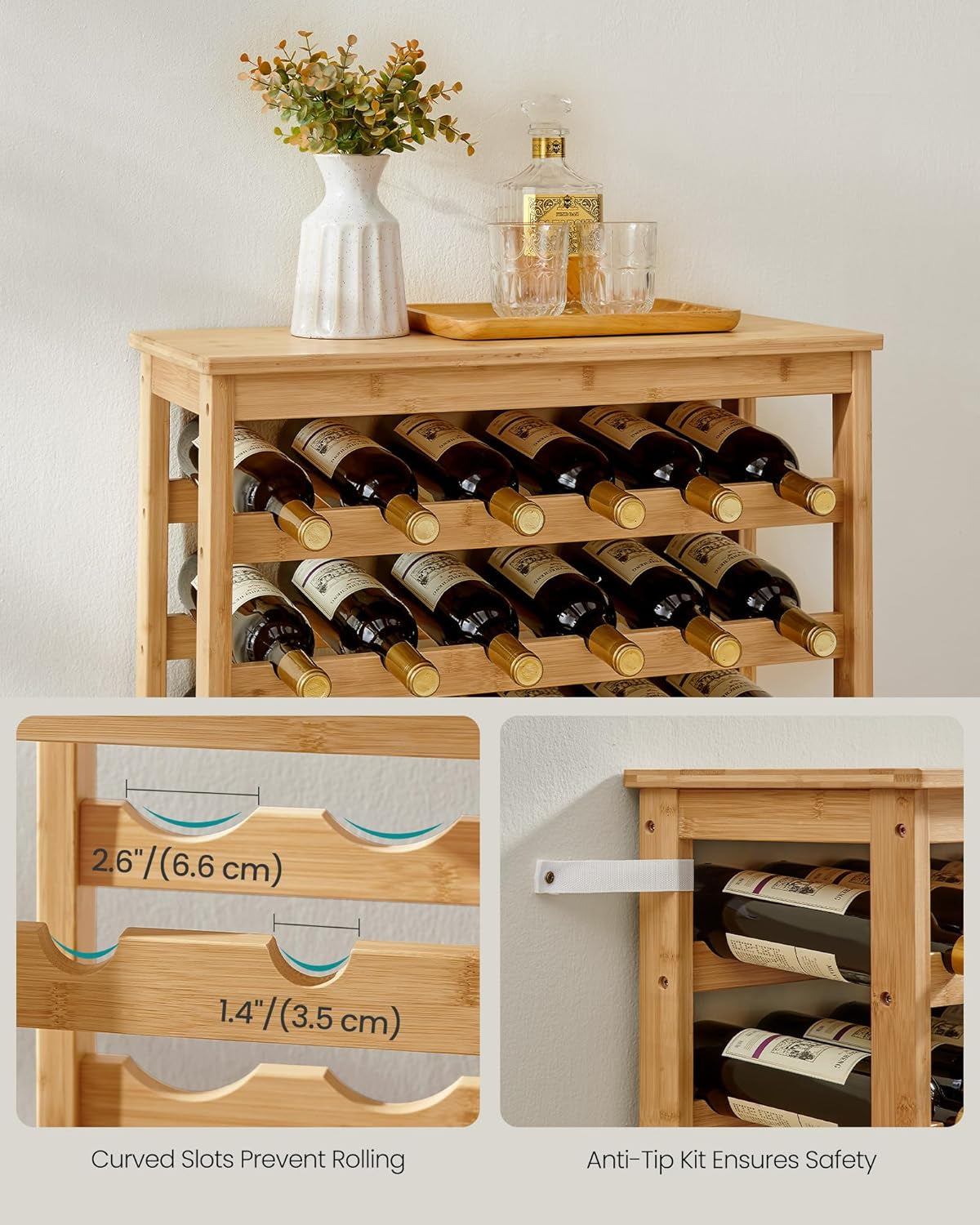 42-Bottle Wine Rack Free Standing Floor, 7-Tier Display Wine Storage Shelves with Table Top, Bamboo Wobble-Free Bottle Holder for Kitchen Bar Dining Room Living Room, Natural UKWR27NL