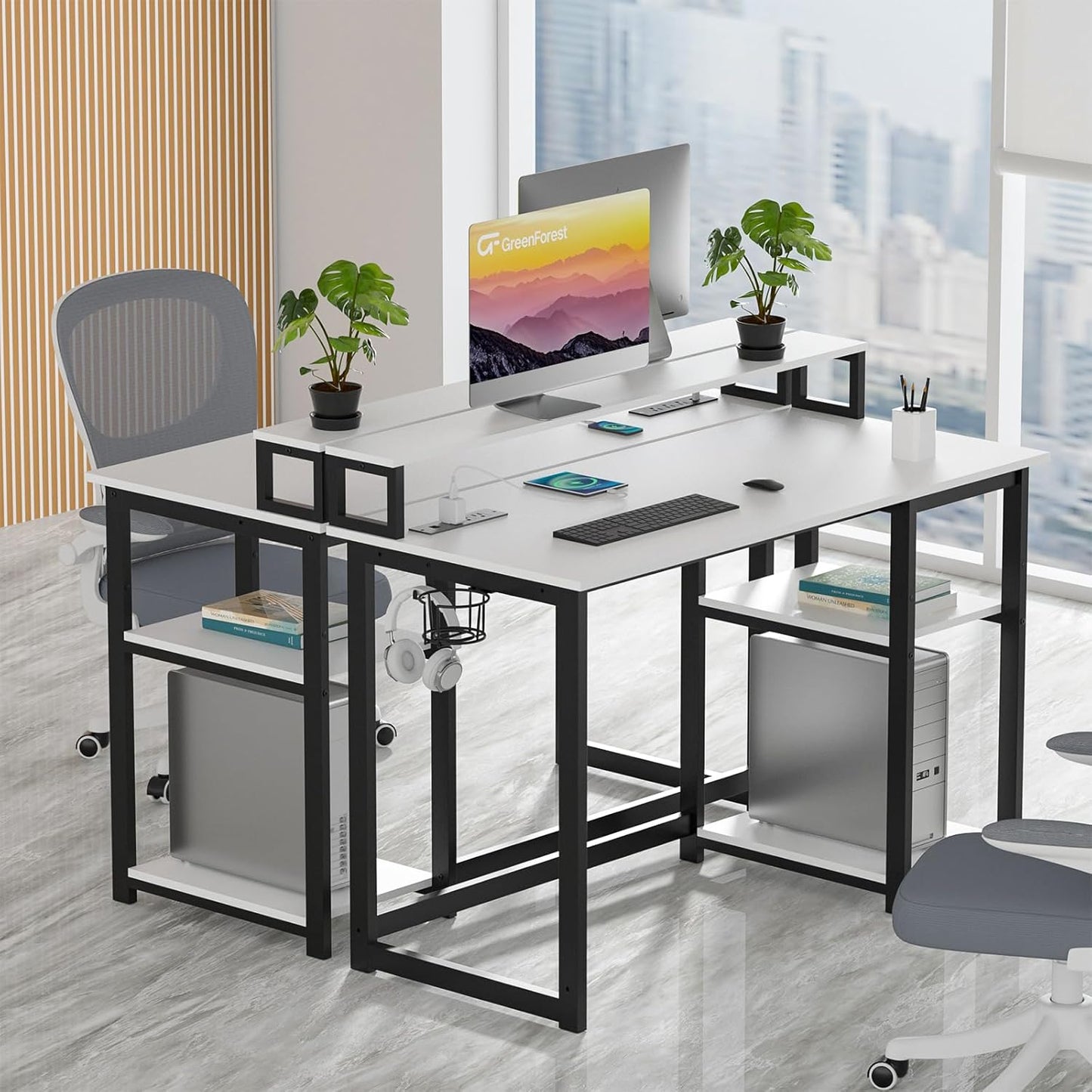 40 Inch Home Office Desk with Power Outlets, Small Computer Desk with Ergonomic Monitor Stand, Reversible Gaming Desk, Modern Study Desk, Laptop Desk, White