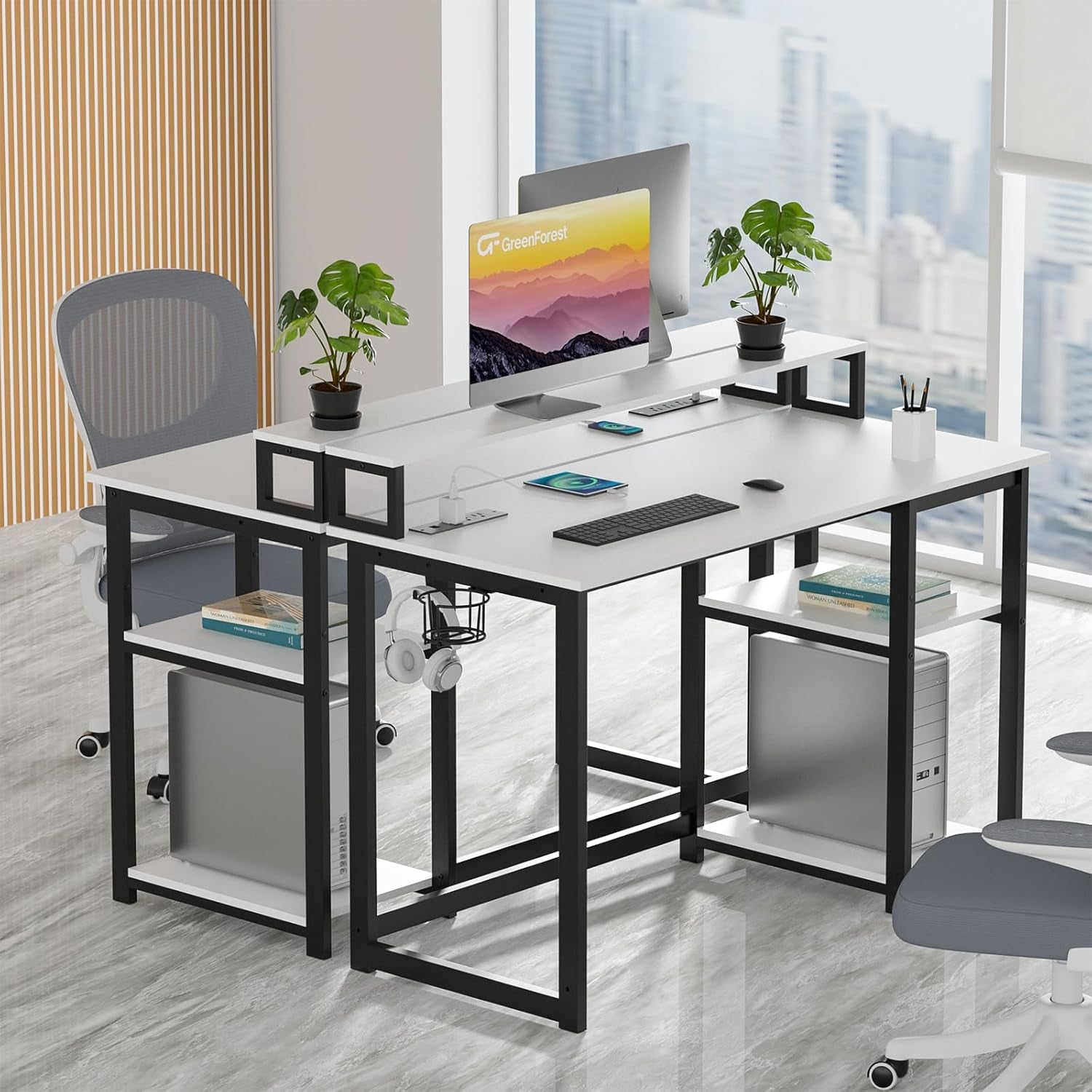 40 Inch Home Office Desk with Power Outlets, Small Computer Desk with Ergonomic Monitor Stand, Reversible Gaming Desk, Modern Study Desk, Laptop Desk, White