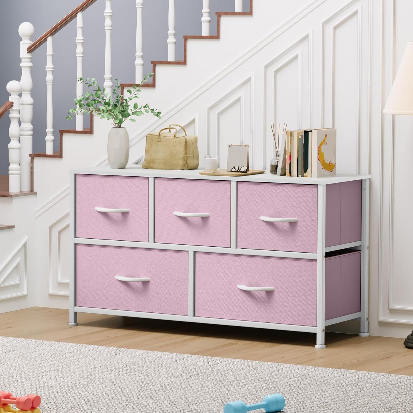 Wide Storage Tower with 5 Drawers - Fabric Dresser, Organizer Unit for Bedroom, Living Room, Closets & Nursery - Sturdy Steel Frame, Easy Pull Fabric Bins & Wooden Top (Pink)