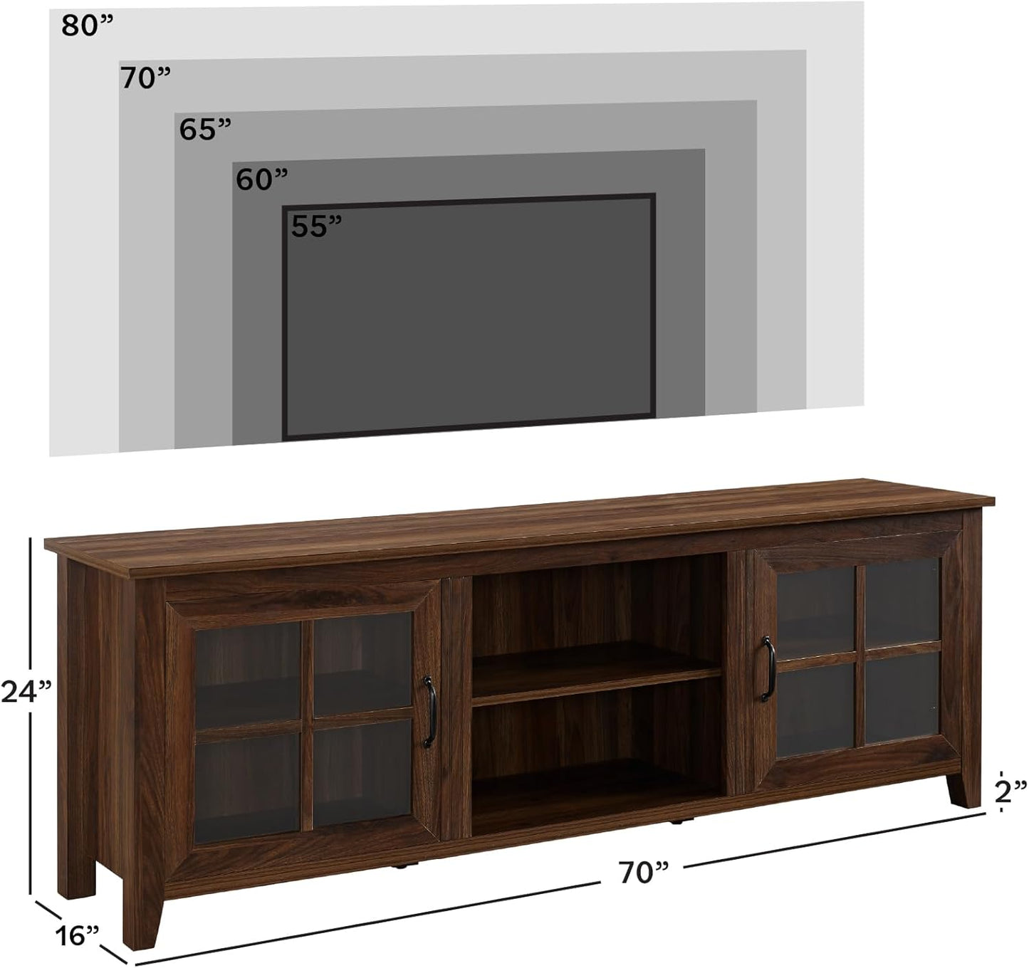 Portsmouth Classic 2 Glass Door TV Stand for Tvs up to 80 Inches, 70 Inch, Dark Walnut