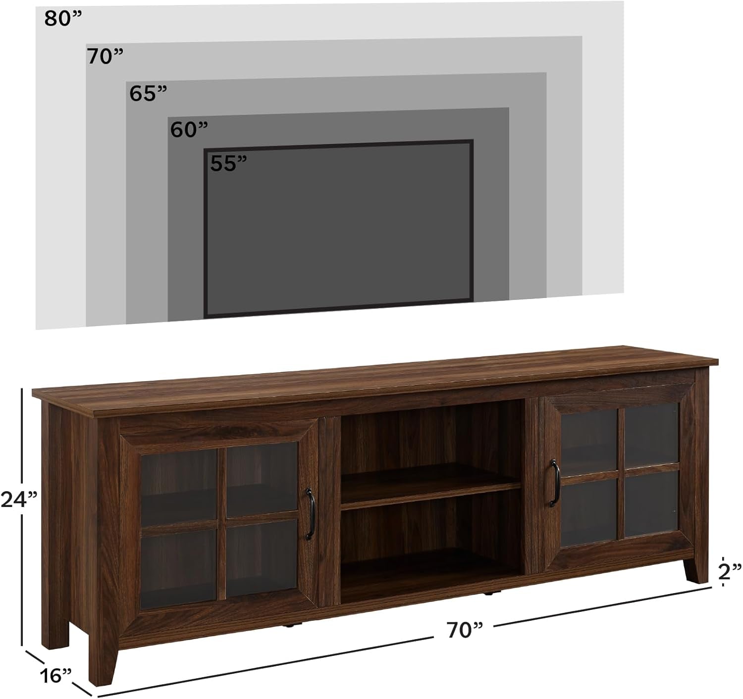 Portsmouth Classic 2 Glass Door TV Stand for Tvs up to 80 Inches, 70 Inch, Dark Walnut