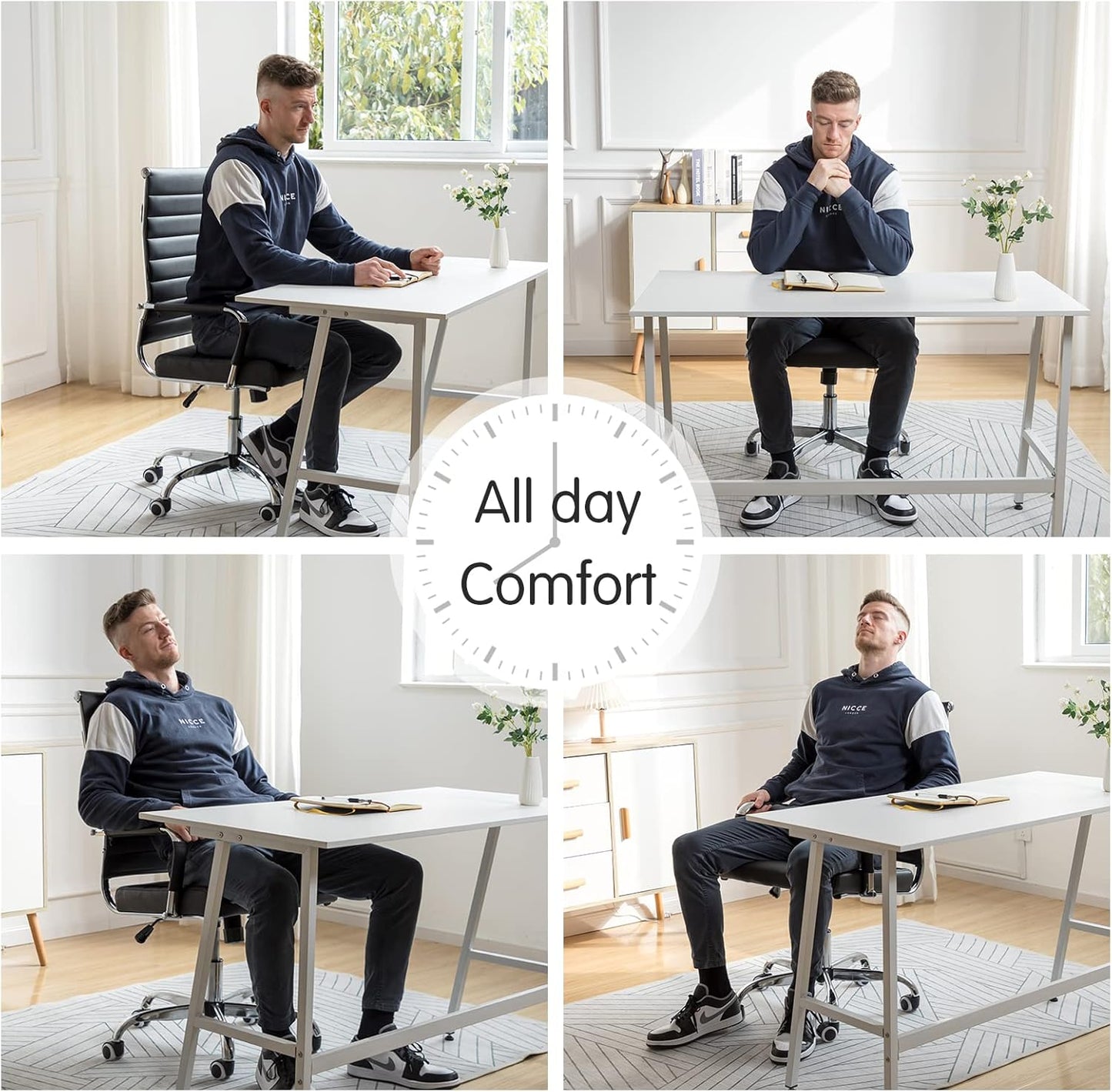 Home Office Chair Ribbed, Modern Leather Conference Room Chairs, Ergonomic Office Desk Chair, High Back Executive Computer Chair, Adjustable Swivel Chair with Arms (Black)