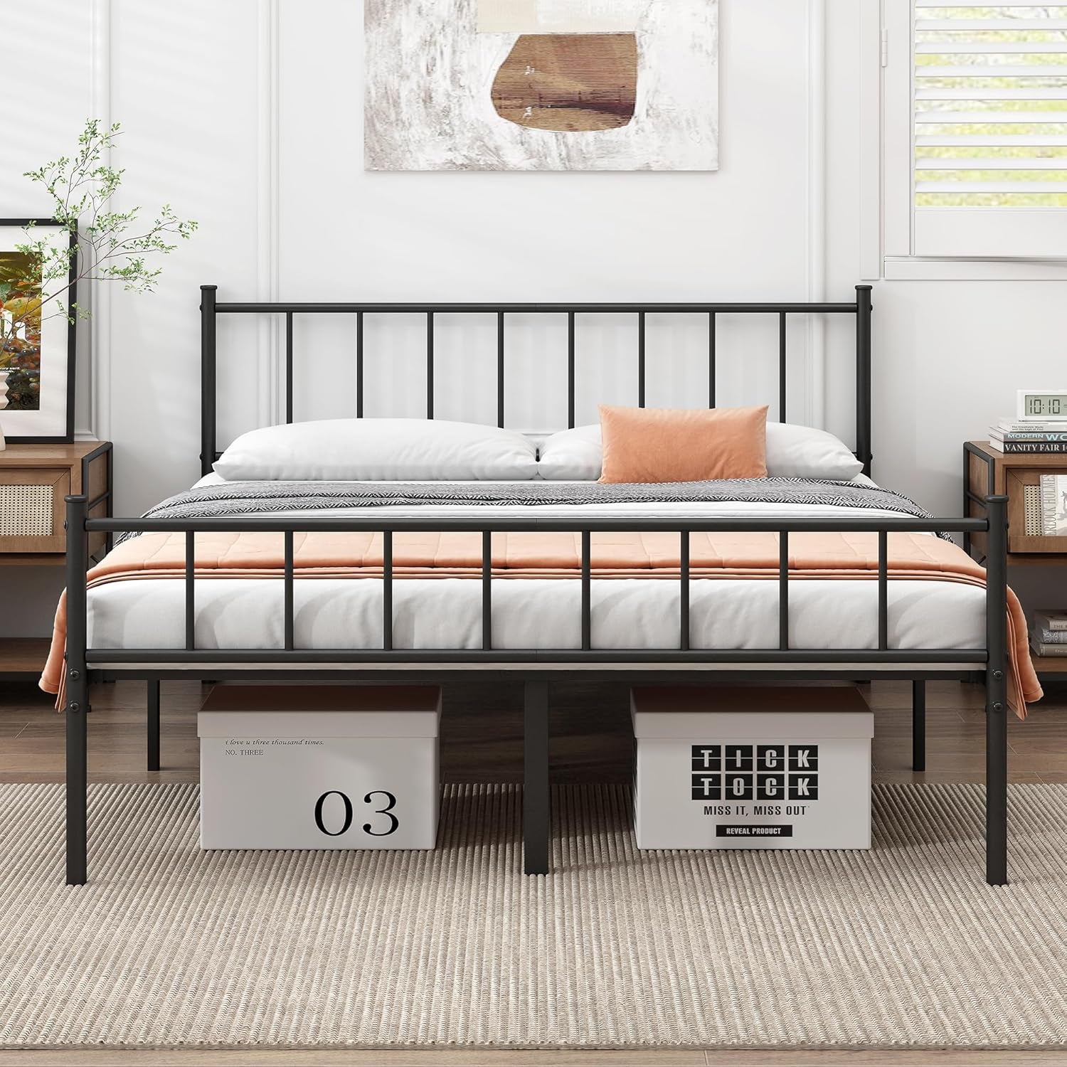 Classic queen metal platform bed frame with steel slats