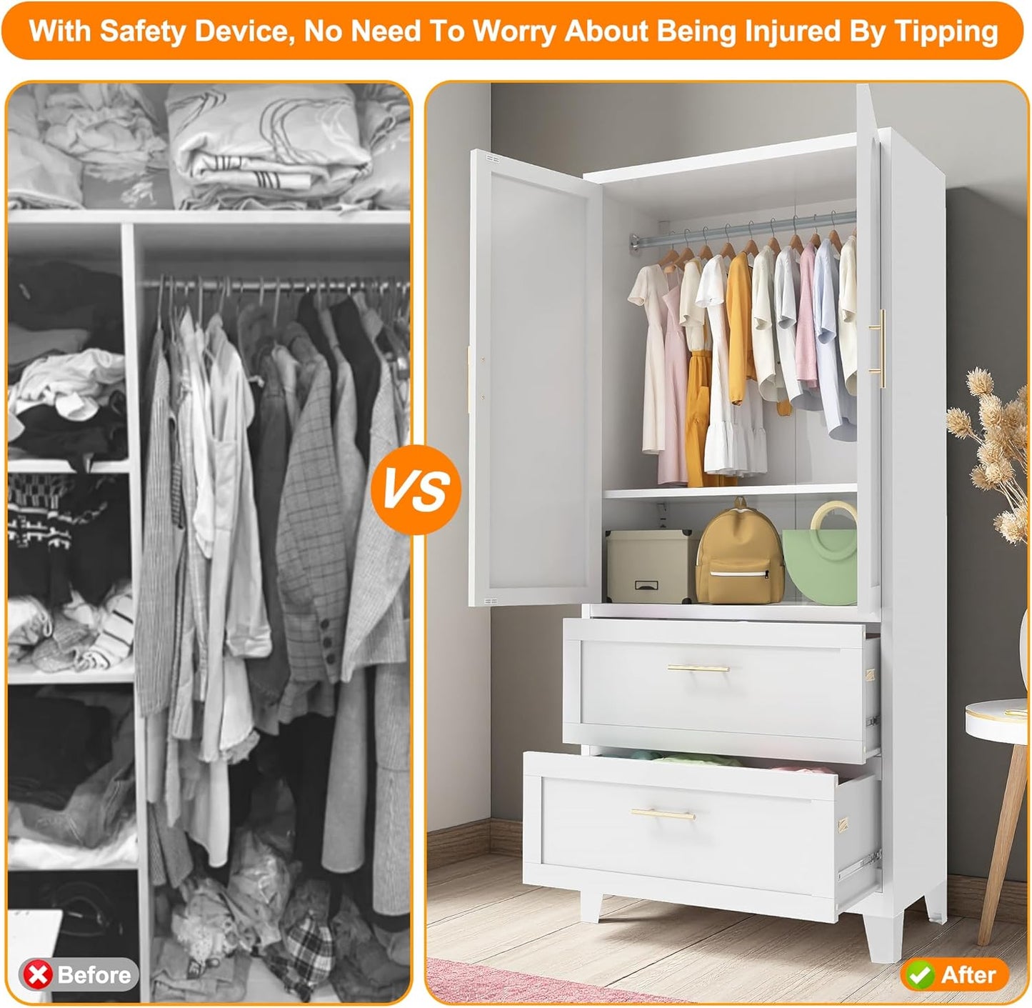 71 Inch Tall Metal Wardrobe Cabinet with 2 Drawers & Hanging Rod, Freestanding Closet with Adjustable Shelf, Space-Saving Storage Organizer for Bedroom, Entryway, Office, White