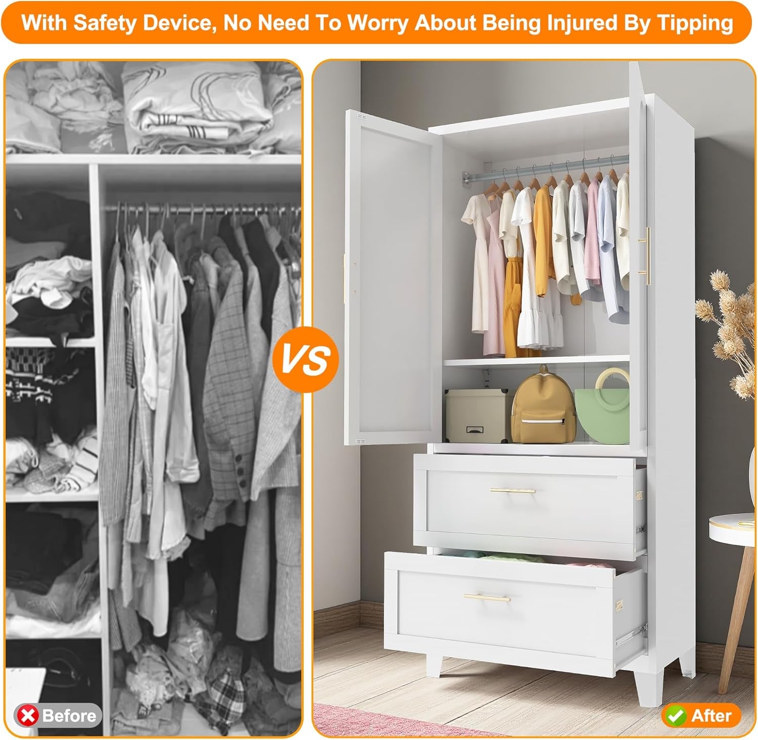 71 Inch Tall Metal Wardrobe Cabinet with 2 Drawers & Hanging Rod, Freestanding Closet with Adjustable Shelf, Space-Saving Storage Organizer for Bedroom, Entryway, Office, White