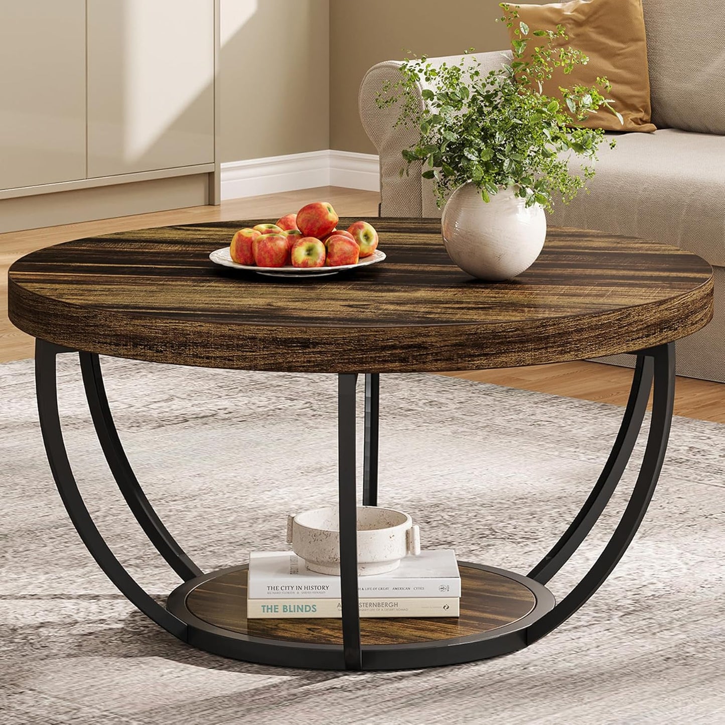 round Coffee Table, 31.7" Wooden 2-Tier Circle Coffee Table with Storage Shelves, Modern Accent Cocktail Table Center Table for Living Room, Rustic Brown