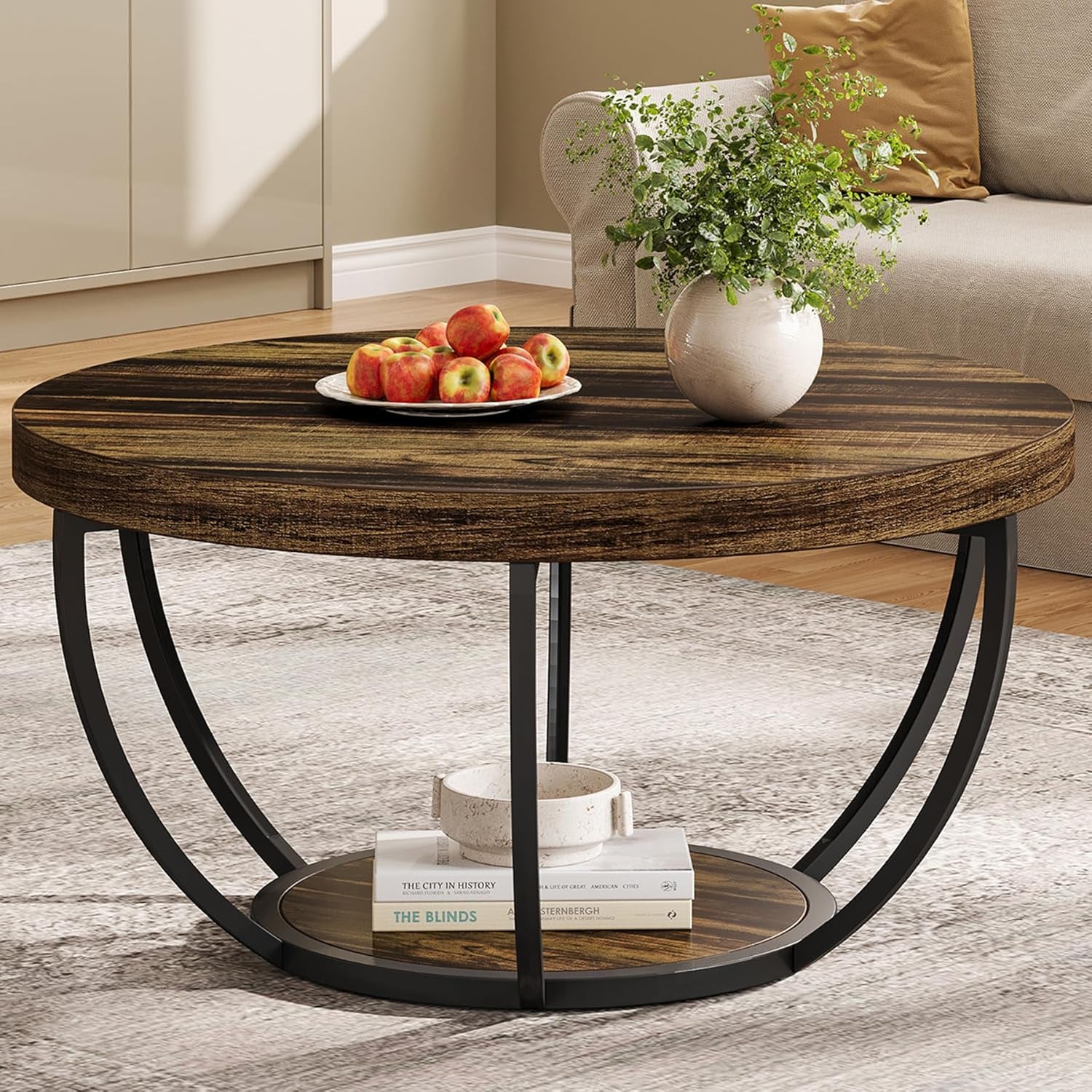 round Coffee Table, 31.7" Wooden 2-Tier Circle Coffee Table with Storage Shelves, Modern Accent Cocktail Table Center Table for Living Room, Rustic Brown