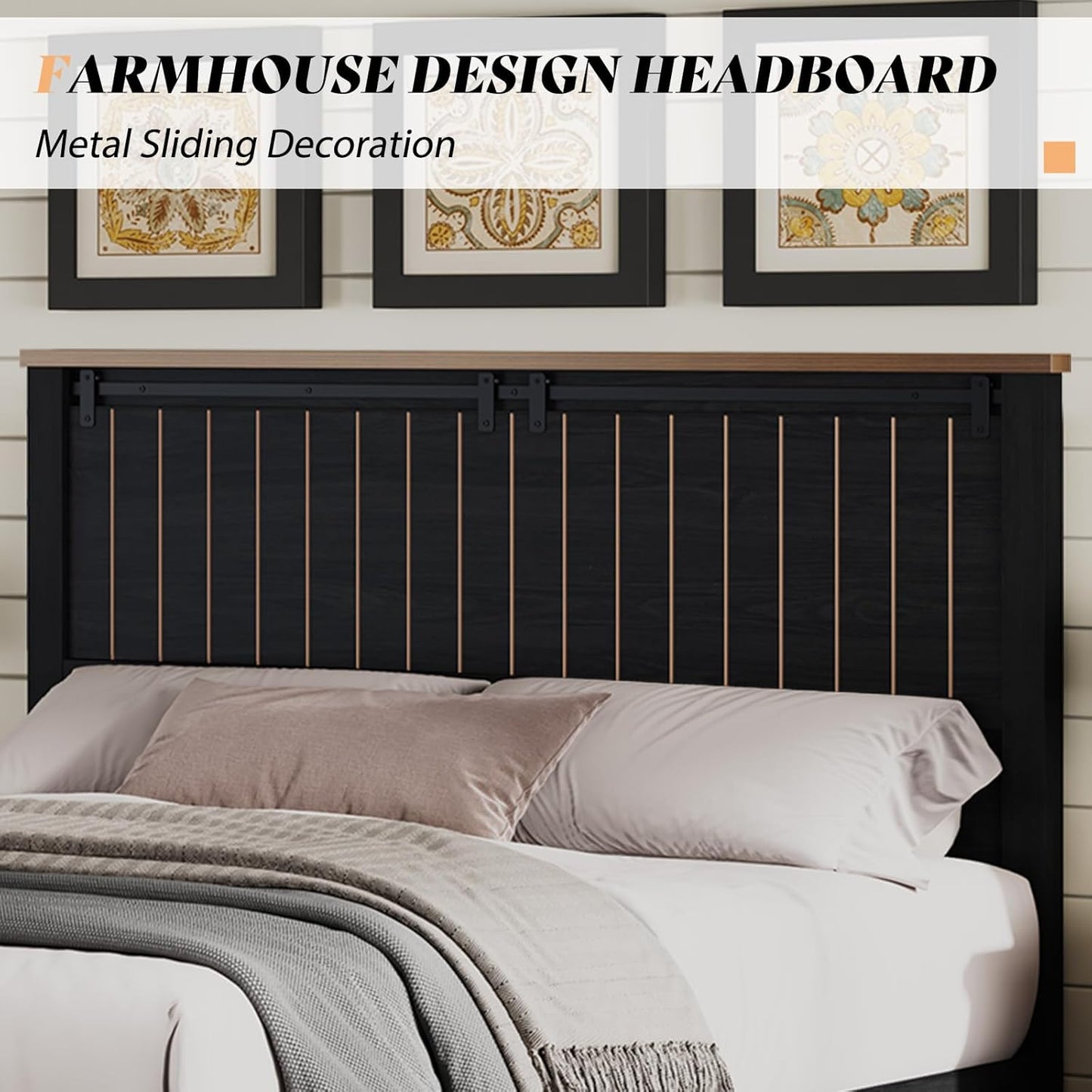 Farmhouse Queen Size Bed Frame with Sliding Barn Door, Wooden Rustic Platform Bed Frame with 47" Tall Headboard, Noise-Free, Solid Wood Slats & Metal Support, No Box Spring Needed, Dark Grey