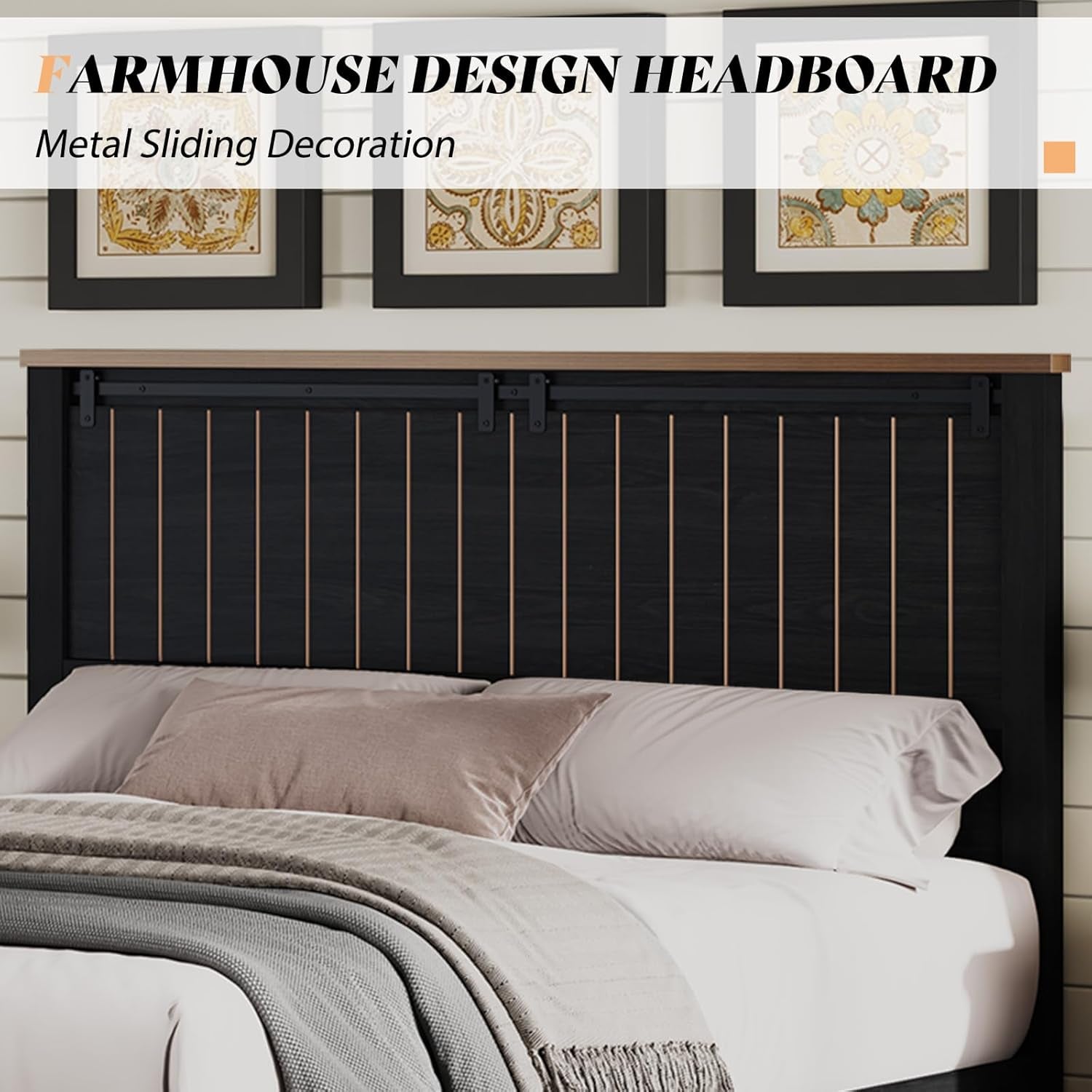 Farmhouse Queen Size Bed Frame with Sliding Barn Door, Wooden Rustic Platform Bed Frame with 47" Tall Headboard, Noise-Free, Solid Wood Slats & Metal Support, No Box Spring Needed, Dark Grey