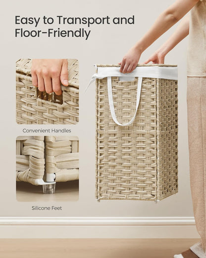 Laundry Hamper with Lid, 23.8 Gallon (90L) Synthetic Rattan Clothes Laundry Basket with Lid and Handles, Foldable, Removable Liner, Summer Sand ULCB051LZ01