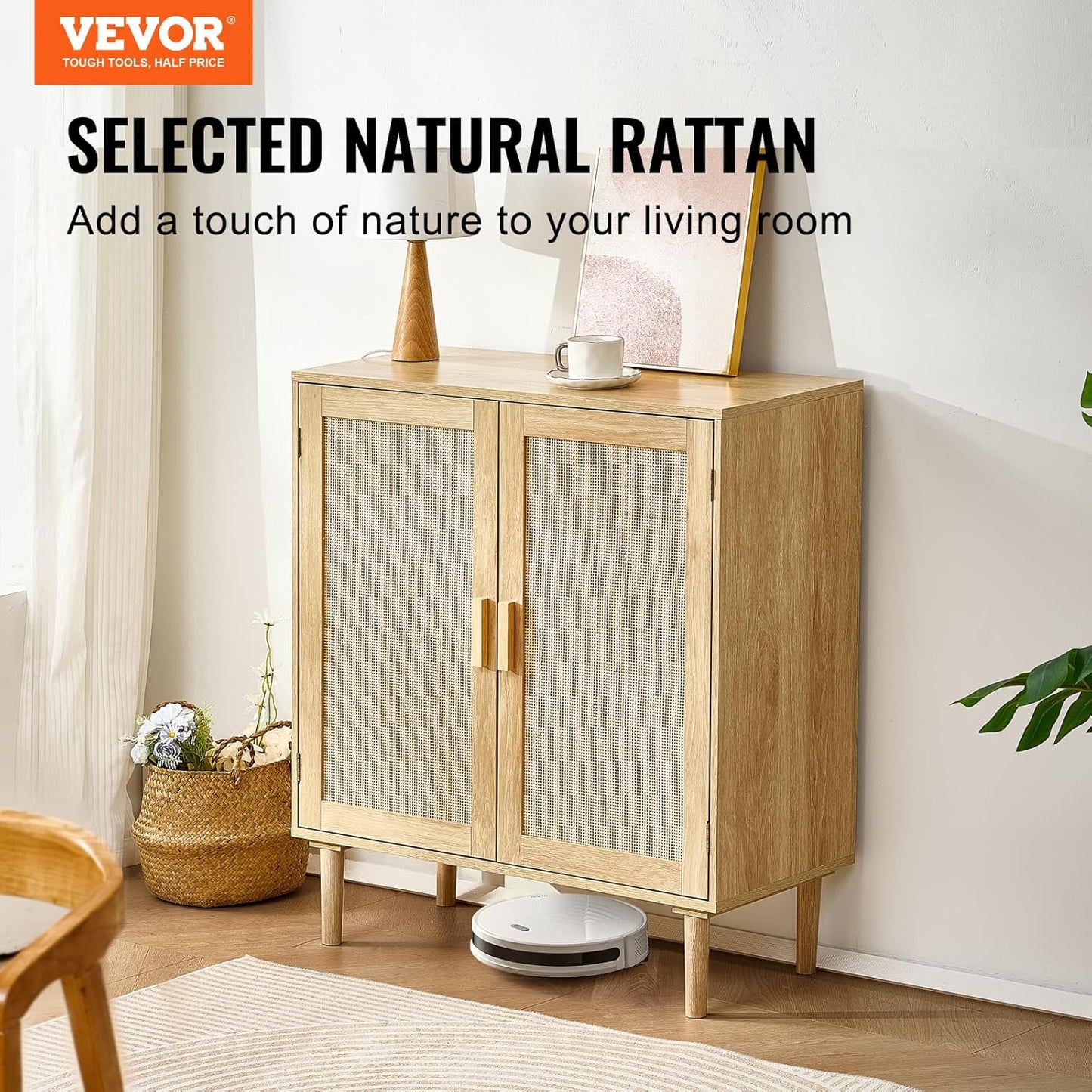 Rattan Cabinet, Buffet Cabinet with 2 Magnetic Doors and Adjustable Shelves, Sideboard Buffet for Hallway, Entryway, Living Room, or Kitchen, Natural