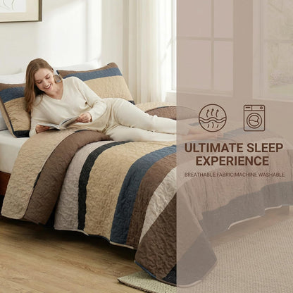 King Size Quilt Set - Reversible Camel Quilt King Size with 2 Pillow Shams, Lightweight Boho Striped Oversized Bedspreads Coverlet Bedding Set for All Seasons