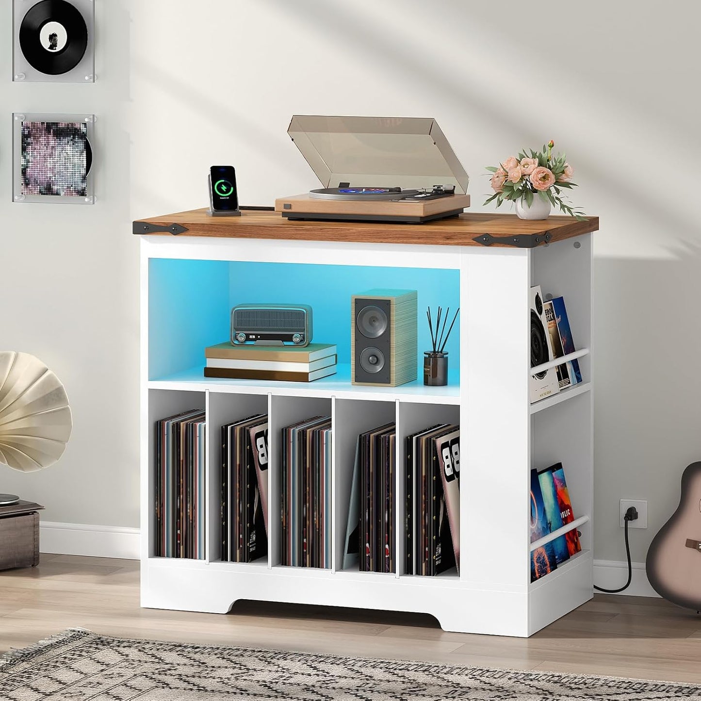 Large Record Player Stand with Charging Station & LED Lights, Vinyl Record Storage Table Holds up to 230 Albums, Turntable Stand with Display Shelf for Living Room, Walnut and White WH80UDRS01