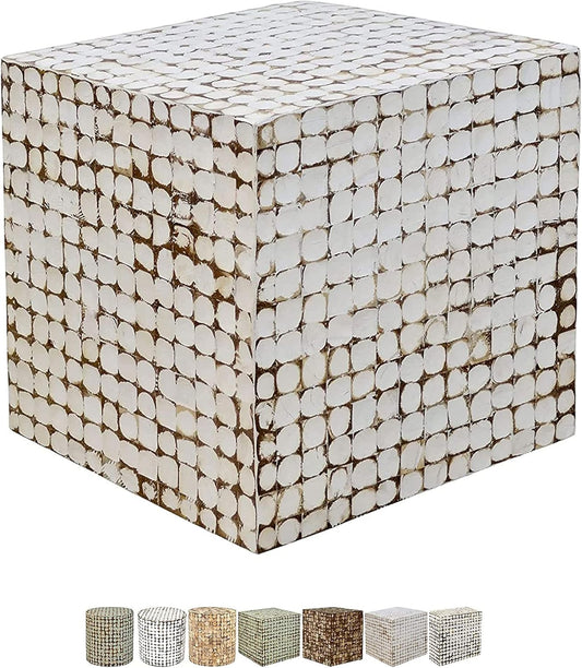 round Side Table - Real Coconut Shell Mosaic Inlaid, Pre-Assembled, Natural Wood and Patina Finish (White/Square)
