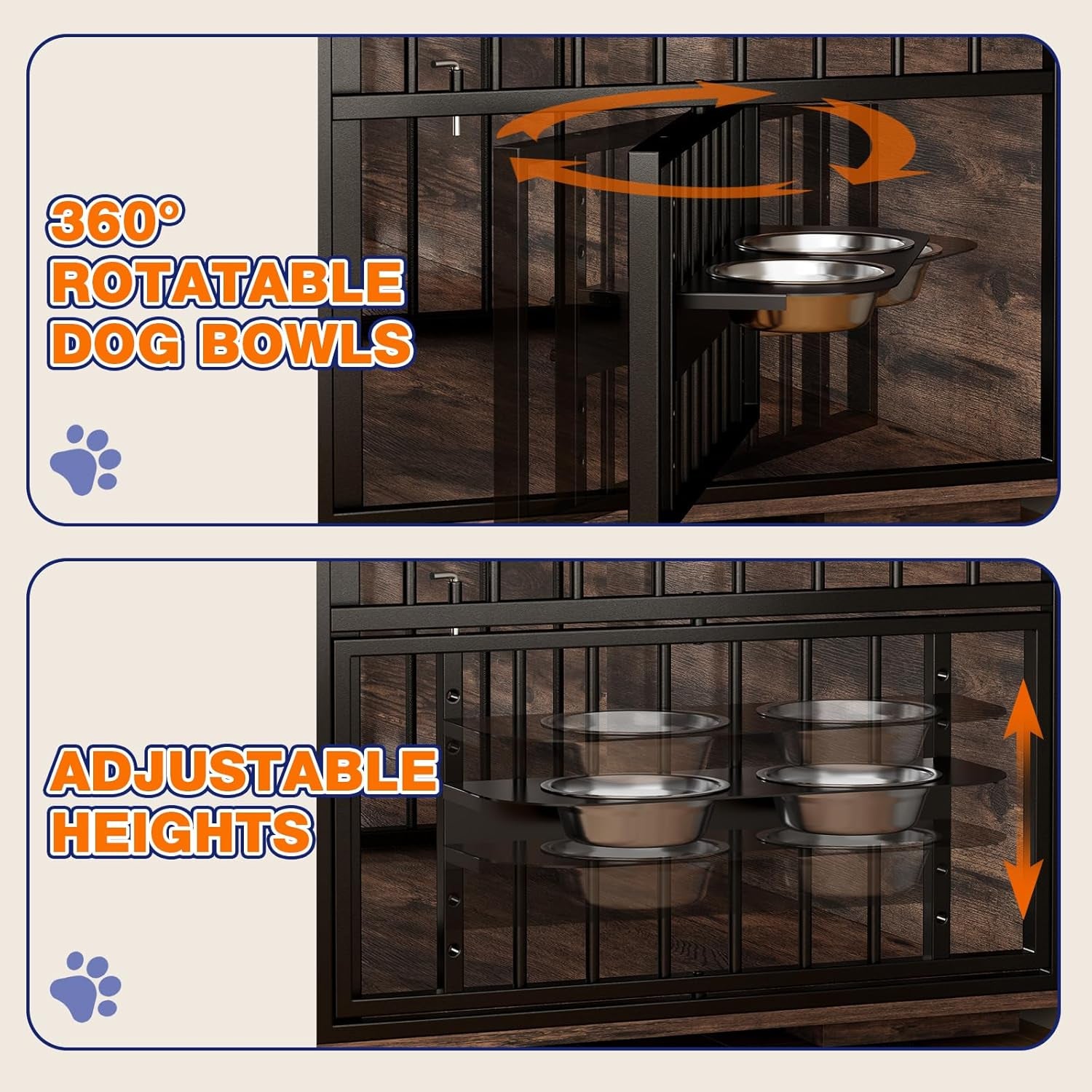 86.6" Large Dog Crate Furniture,Chew-Proof Metal Frame Wooden Double Dog Kennel TV Stand Table with Rotatable Dog Feeder Bowls and Drawers for 2 Dogs Indoor,Rustic Brown