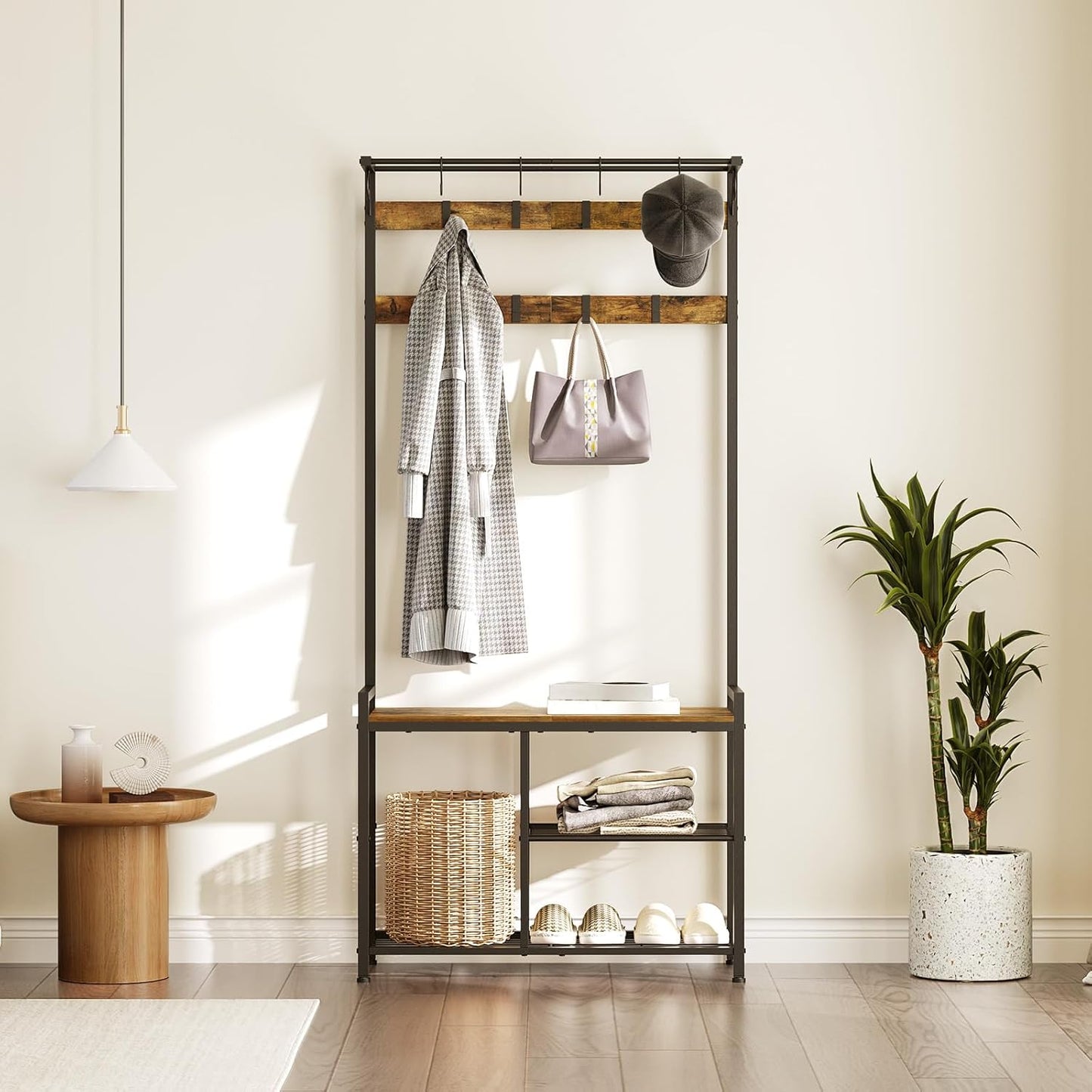 Coat Rack Shoe Bench, 4-In-1 Hall Tree with Storage Shelves and Hanging Rod, Entryway Storage Organizer with 8 Movable Hooks, for Entryway, Hallway, Corridor, Rustic Brown and Black MT12BR