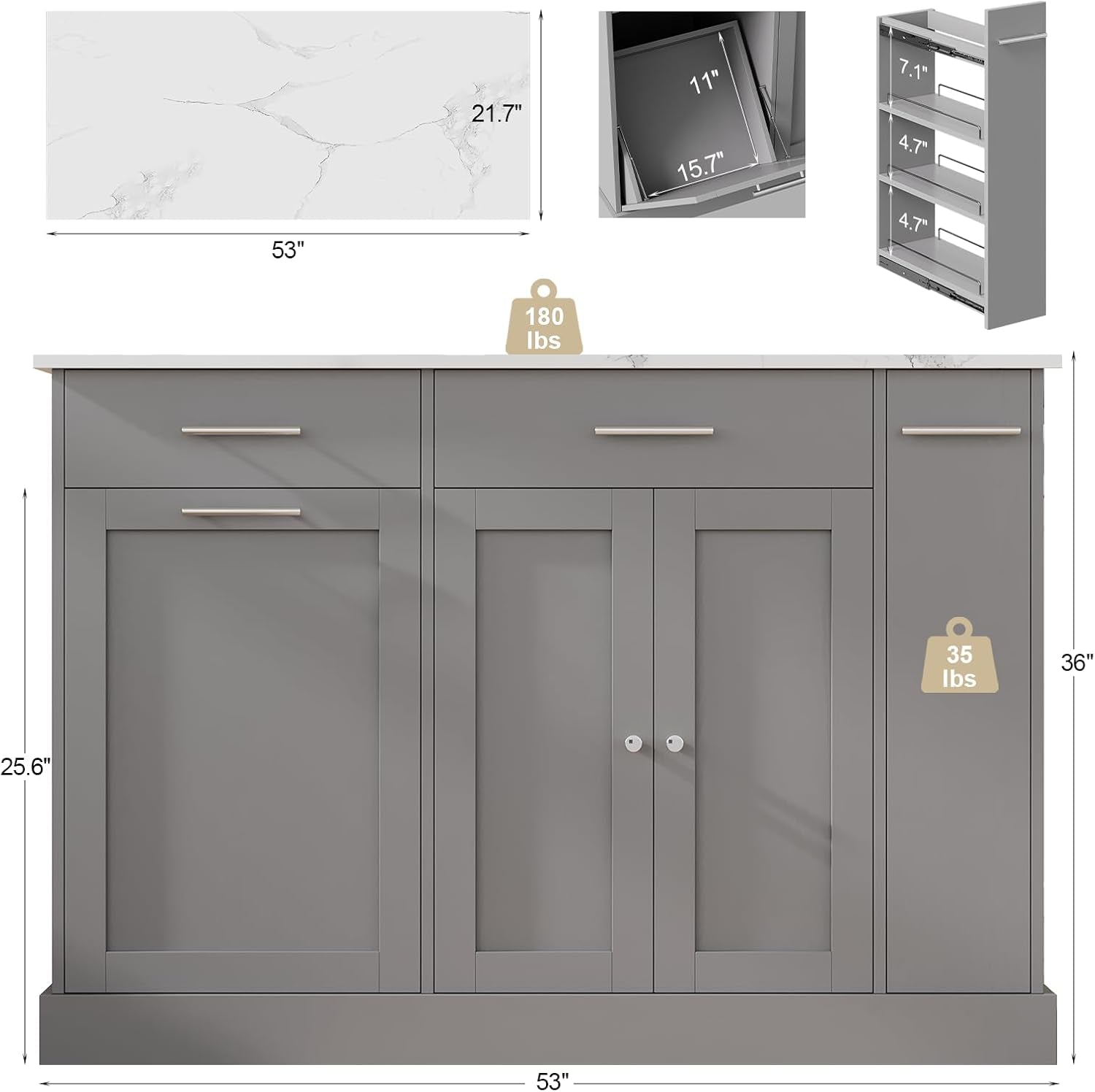 Kitchen Island on Wheels with Trash Can Storage, Rolling Kitchen Island Cart with Marble Countertop, Portable Island Table for Kitchen, Gray