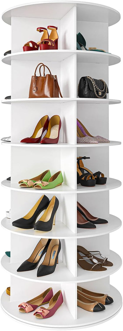 7 Tier Rotating Shoe Rack Tower, Spinning Shoe Display Lazy Susan, Revolving 360 Shoe Rack Storage round Carousel, Vertical Handbag Rotate Shoes Closet Organization (7-Tier White)
