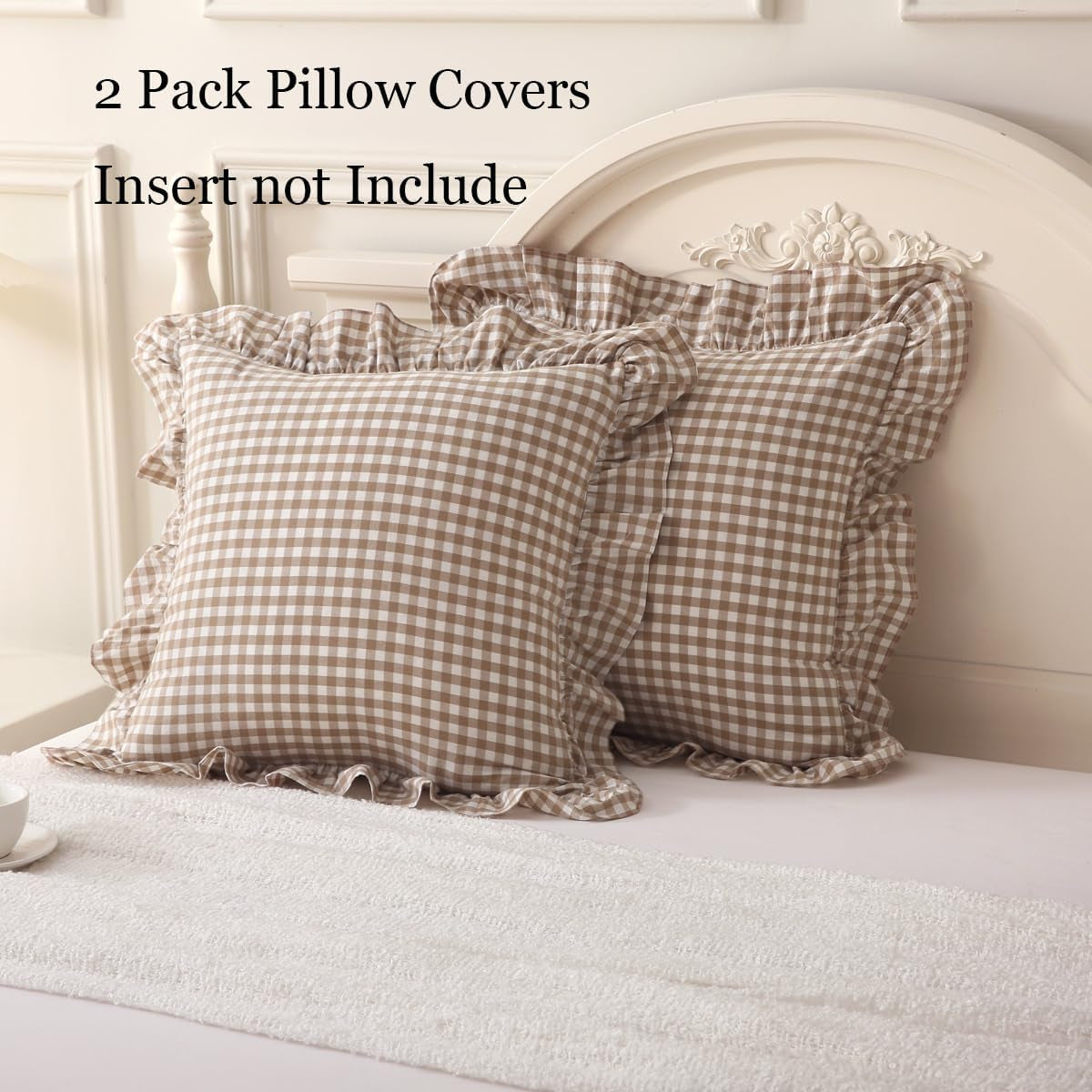2 Pack Taupe/White Plaid Ruffle Throw Pillow Covers Farmhouse Checkered Chic Washed Cotton Pillowcases Gingham Pillow Shams for Bed, Sofa, Living Room-20"X20"