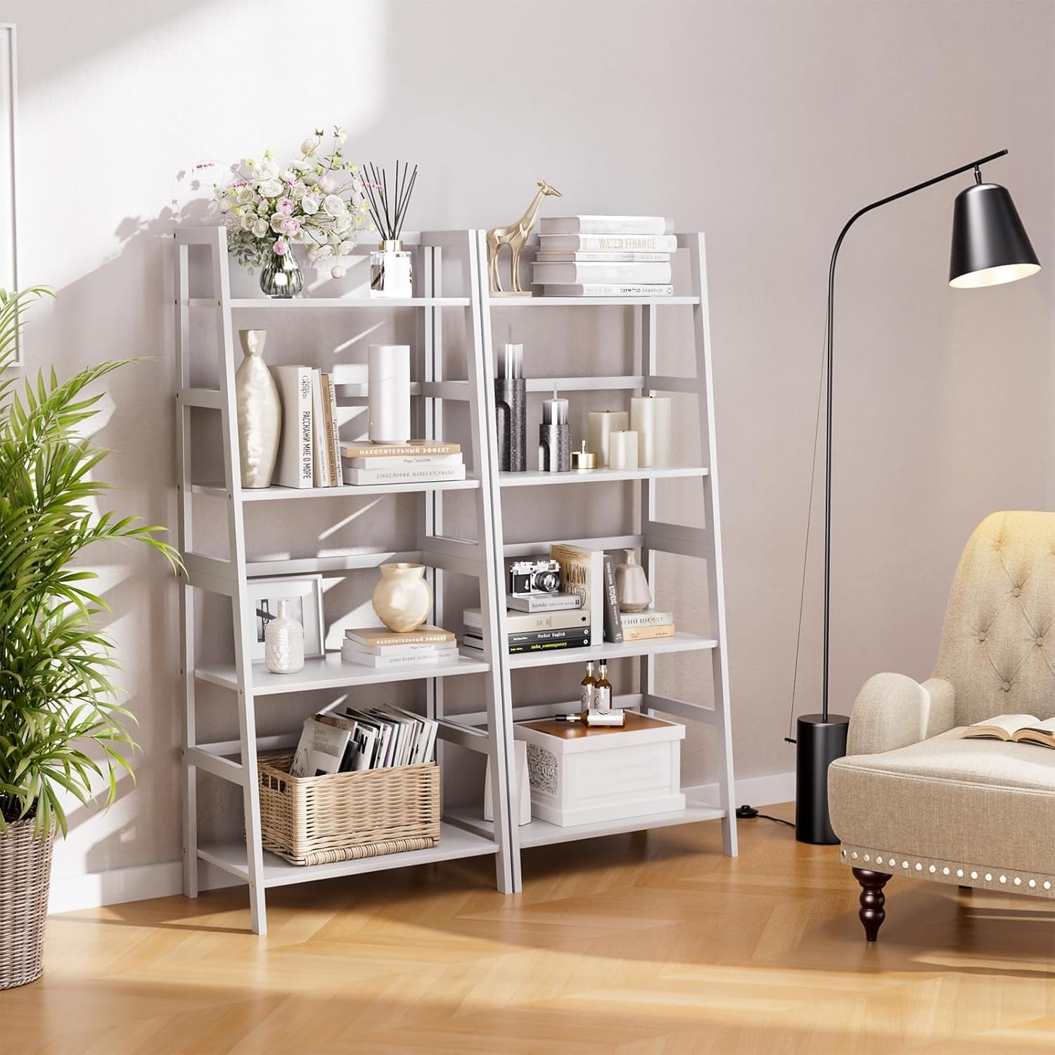 Ladder Shelf, 4 Tier Bookshelf, Floor Standing Bathroom Storage Rack with Bamboo Frame, Home Office Open Display Bookcase, White