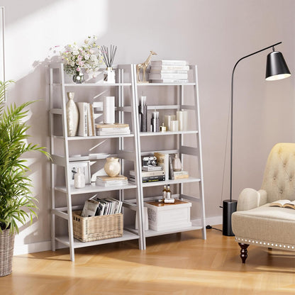 Ladder Shelf, 4 Tier Bookshelf, Floor Standing Bathroom Storage Rack with Bamboo Frame, Home Office Open Display Bookcase, White