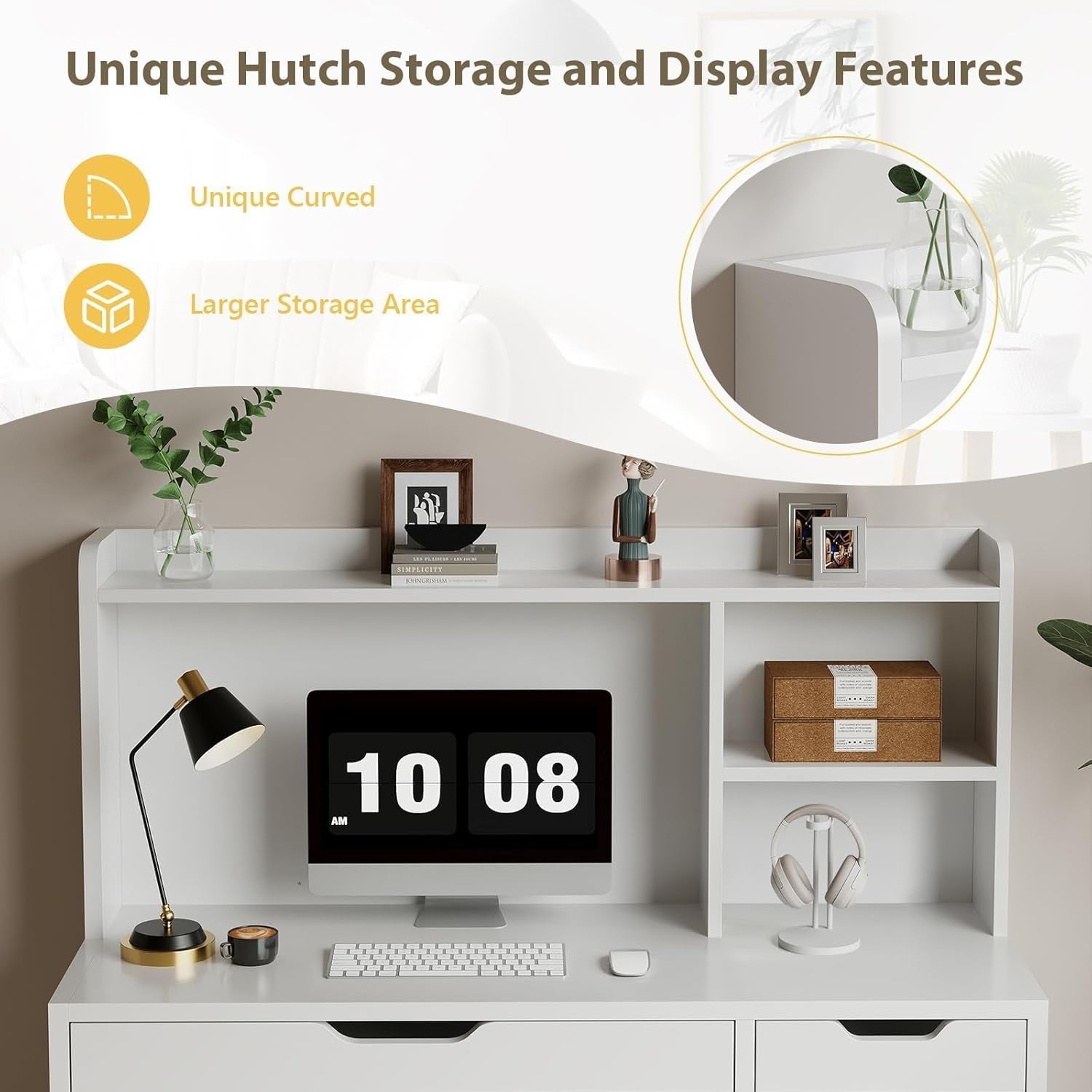 White Desk with Hutch and Drawers, 53 Inch Computer Desk with Storage File Drawer, White Study Desk with 4 Drawers for Bedroom, Small Space