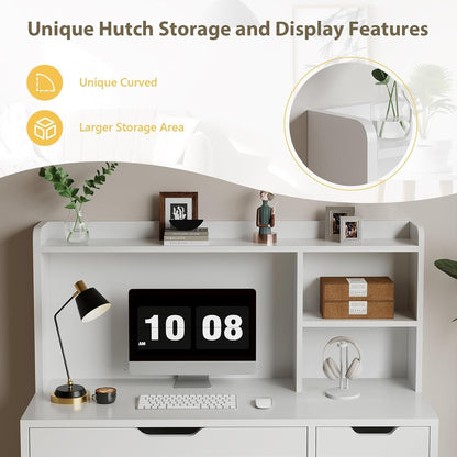 White Desk with Hutch and Drawers, 53 Inch Computer Desk with Storage File Drawer, White Study Desk with 4 Drawers for Bedroom, Small Space