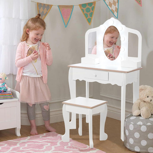 Kids Vanity Table and Chair Set with Light, Girls Vanity with Mirror, Drawer and Pretend Playset, Wooden Princess Makeup Desk Dressing Table, Toddler Vanity (Batteries Not Included)