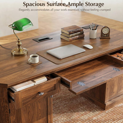 59" Classic Executive Desk with Storage, Victorian Executive Desk with Charging Station, Keyboard Tray, 3 Drawers & 2 Cabinet Storage & 2 Pedestals, Easy Assembly, Dark Walnut
