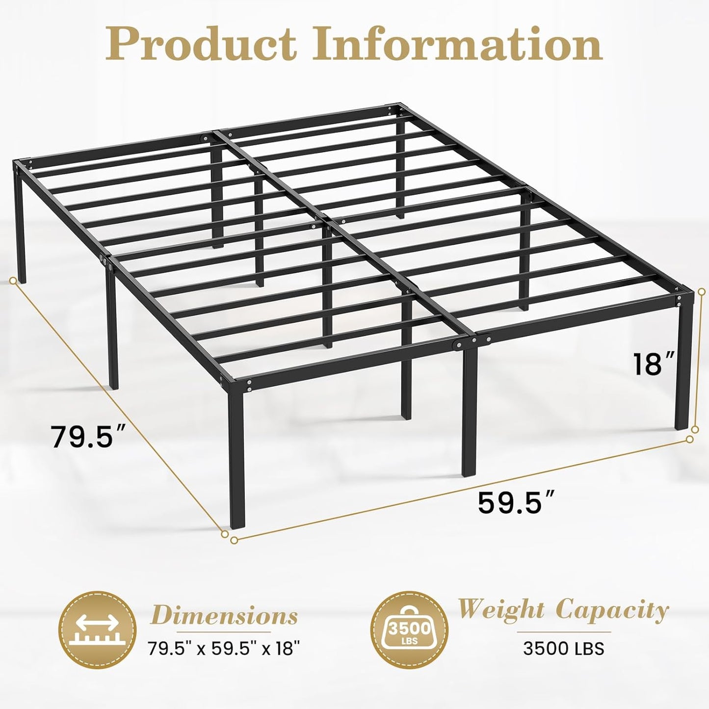 Queen Bed Frame Heavy Duty 18 Inch, Sturdy Metal Platform with Strong Bearing & under Bed Storage, No Box Spring Needed, Easy Assembly, No Shake