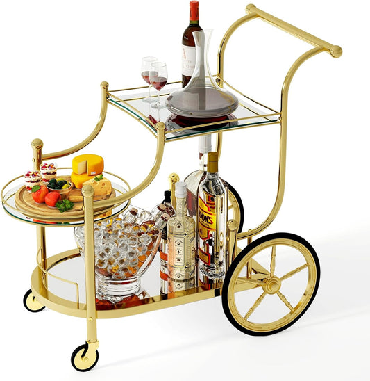 Bar Cart, 3-Tier Rolling Home Bar Serving Cart with Mirrored Shelves & 4 Wheels, Mobile Beverage & Wine Cart for Kitchen, Dining Room, Living Room (Gold)