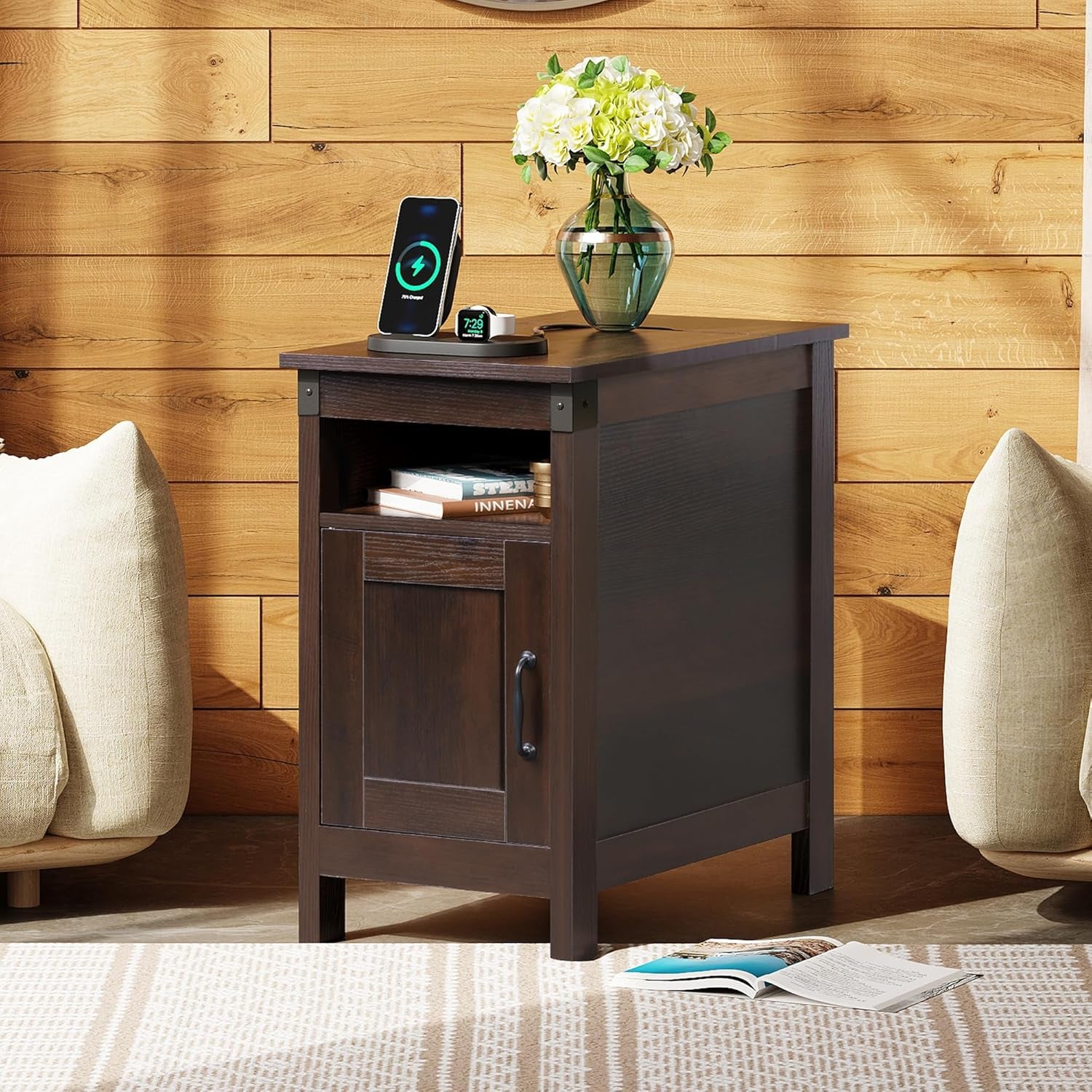 End Table with Charging Station, Narrow Side Table for Living Room, Farmhouse Night Stand with Storage, Small Wooden Cabinet with USB Ports and Outlets for Living Room and Bedroom, Espresso