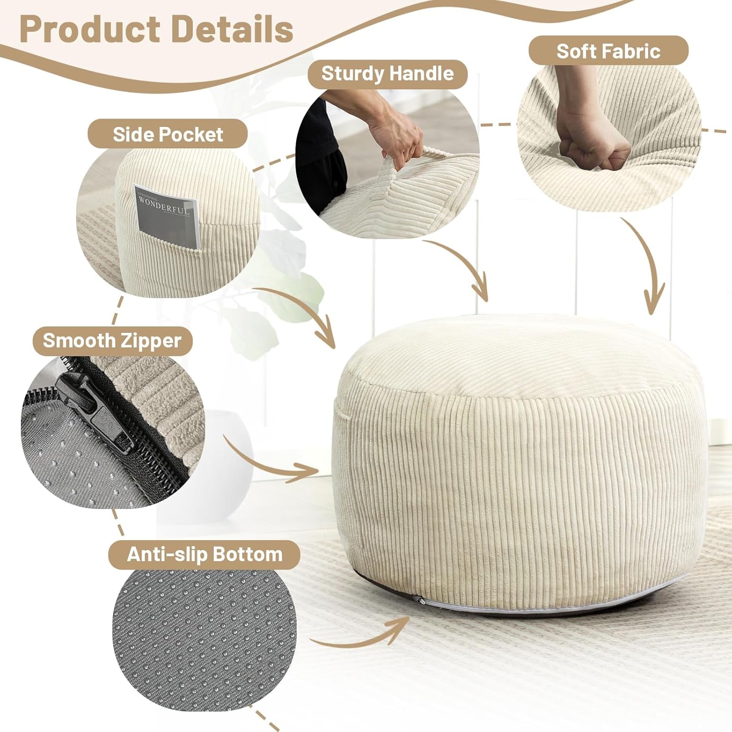 Round Stuffed Pouf Ottoman,Corduroy Foot Rest with Rebound Foam Filled, Furry and Fluffy Foot Stool Ottoman,26"*18" Floor Poufs for Living Room (Beige, 26" D X 26" W X 18" H)