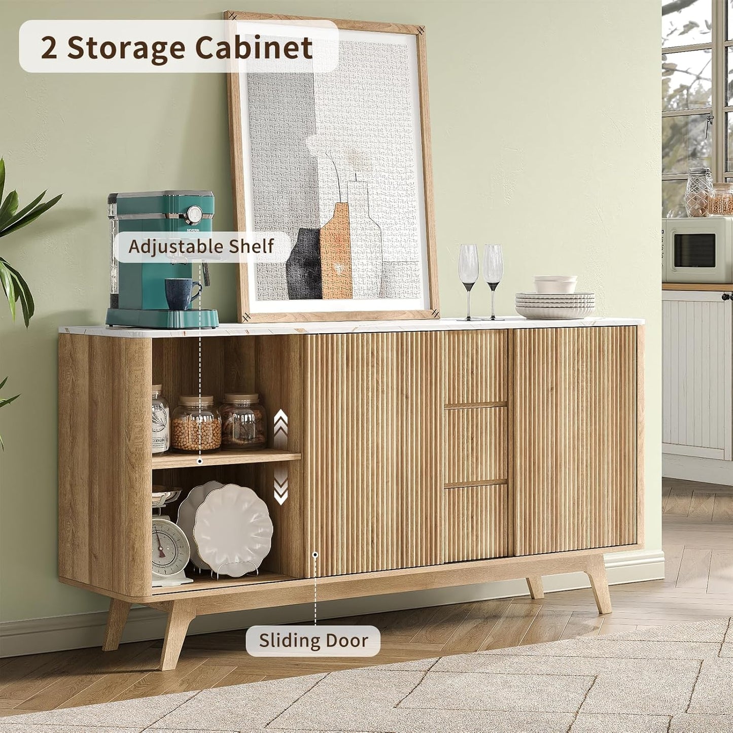 62" W Fluted Buffet Cabinet with Sliding Doors, Modern Sideboard Storage Cabinet with Power Outlet & 3 Drawers, Mid-Century Coffee Bar Table for Living Room, Dinning Room, Natural