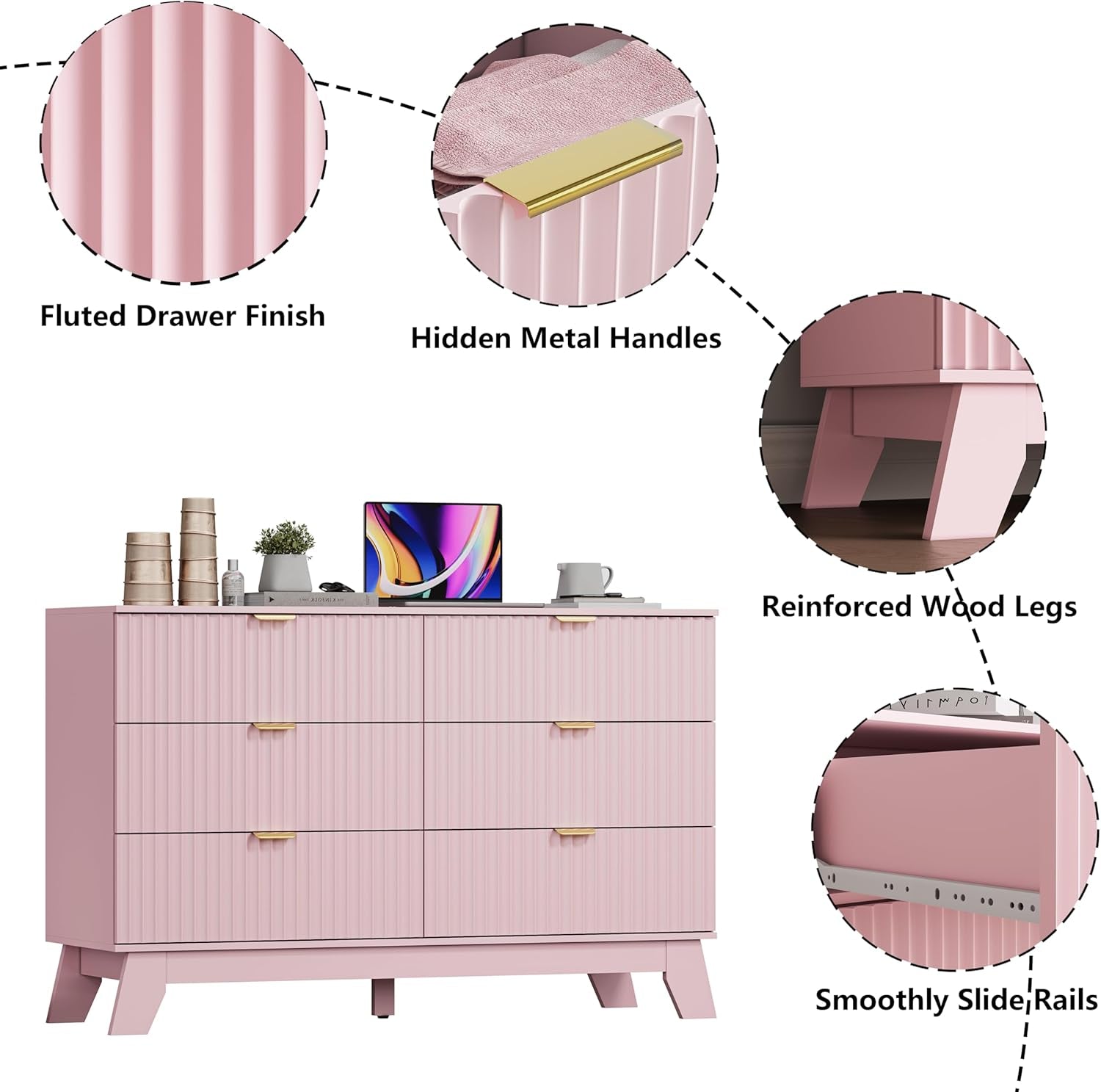 6 Drawer Dresser for Bedroom, Fluted Dressers Chest of Drawers with Gold Handle, Mid Century Modern Dresser for Closet, Wood Closet Storage Organizer Furniture for Bedroom, Living Room, Hallway, Pink