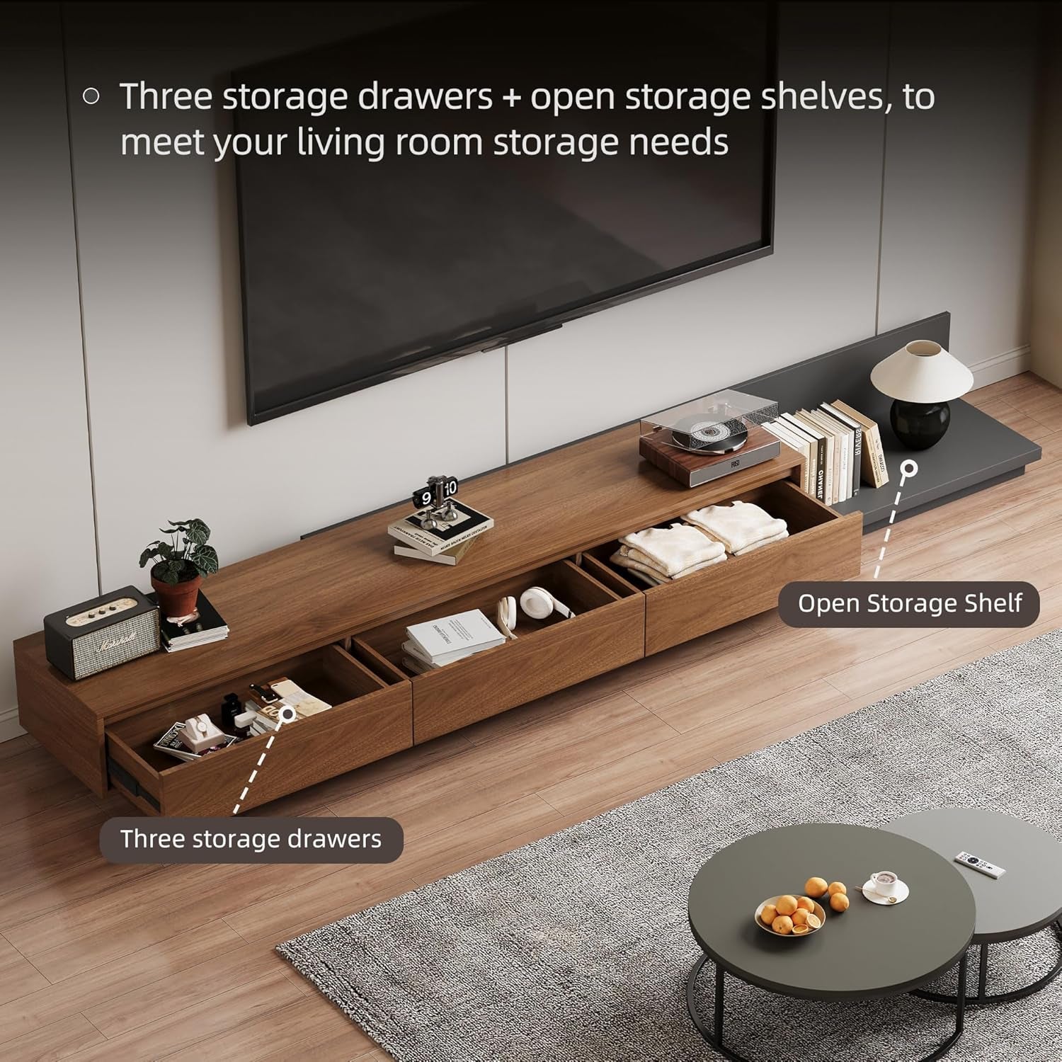 Adjustable TV Stand with 3 Drawers - Mid-Century Modern Extendable Entertainment Center for Living Room or Bedroom(78.7–130"), Stylish Walnut Media Console