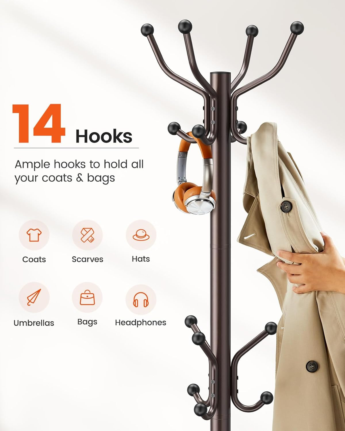 Coat Rack with 14 Hooks, Freestanding Coat Rack Stand for Entryway, Hallway, Bedroom, and Office, Metal Coat Tree & Hat Rack for Coats, Hats, and Bags, Brown