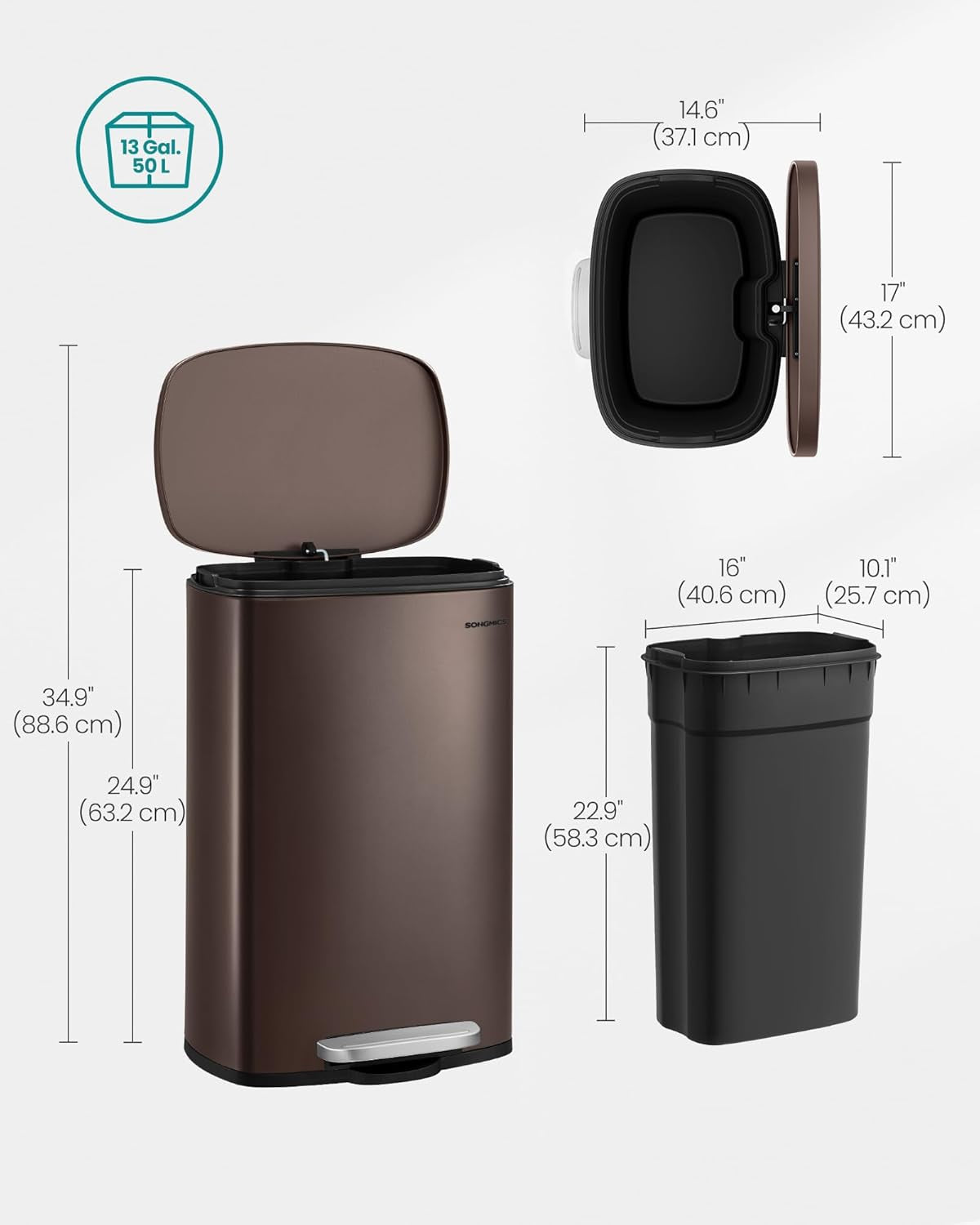 13 Gallon (50 L) Trash Can, Stainless Steel Kitchen Garbage Can, Recycling or Waste Bin, Soft Close, Step-On Pedal, Removable Inner Bucket, Brown ULTB50BR