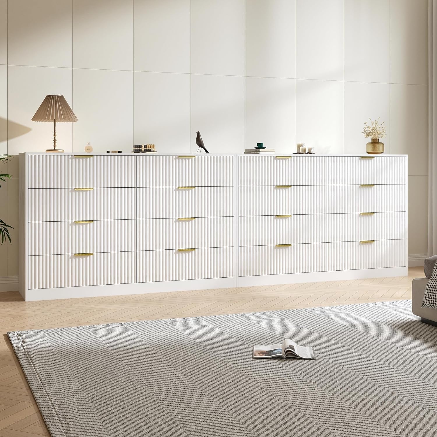 Dresser for Bedroom Set of 2, Fluted 16 Drawers White Dresser Wooden, Modern Bedroom Furniture Set, TV Stand Long Dressers & Chests of Drawers for Closet(15.7" D X 110.2" W X 36" H)