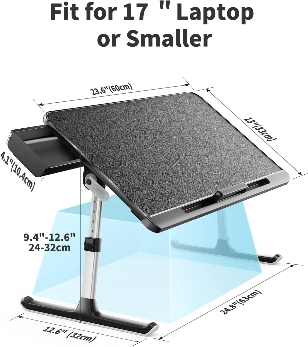 Laptop Bed Tray Table, Adjustable PVC Leather Laptop Bed Table, Portable Standing Desk with Storage Drawer, Foldable Lap Tablet Table for Sofa Couch Floor (Dark Black)