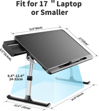Laptop Bed Tray Table, Adjustable PVC Leather Laptop Bed Table, Portable Standing Desk with Storage Drawer, Foldable Lap Tablet Table for Sofa Couch Floor (Dark Black)