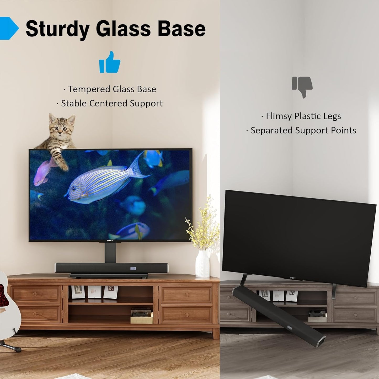 Universal TV Stand - Table Top TV Stand for 27-60 Inch LCD LED Tvs - 9 Level Height Adjustable TV Base Stand with Tempered Glass Base & Wire Management, VESA 400X400Mm