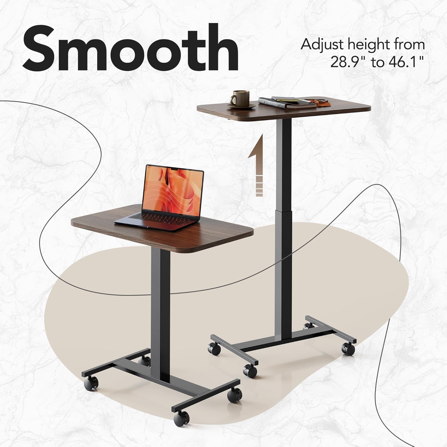 Small Rolling Laptop Standing Desk, Height Adjustable Mobile T-Base Desk with Lockable Casters, Portable Sit-Stand Workstation for Bedside & Sofa, Walnut