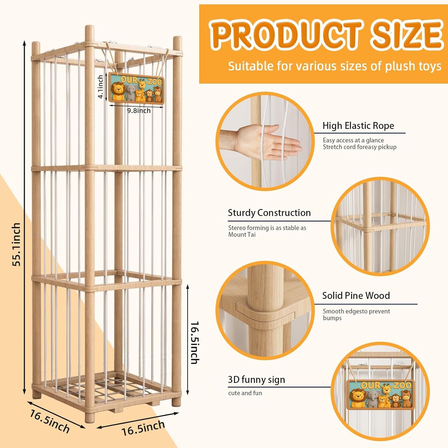 Wooden Stuffed Animals Storage Tower, Vertical Stuffy Animal Zoo Organizer with Nameplate, Large Stuffed Animal Cage for Kids Room, Stuffy Storage Holder for Nursery and Playroom Natural Wood