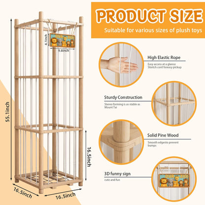 Wooden Stuffed Animals Storage Tower, Vertical Stuffy Animal Zoo Organizer with Nameplate, Large Stuffed Animal Cage for Kids Room, Stuffy Storage Holder for Nursery and Playroom Natural Wood
