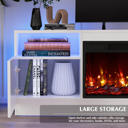 Fireplace Tv Stand with 36 Inch Fireplace up to 80" Tvs,Led Light Entertainment Center and Storage, 70" Modern Wood Media TV Console with Highlight Cabinet for Living Room (White)